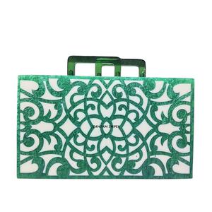 Elegant Green and <b>White</b> Resin Wedding Clutch <b>Bag</b> with Beaded Handle and Metal Frame for Bridal and <b>Evening</b> Occasions - Product Image 1