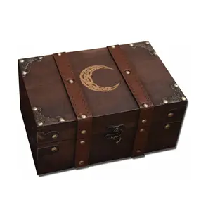8.3英寸木质和皮革凯尔特月亮胸盒，带天鹅绒衬里的新月形木盒，复古塔罗牌盒 (仅限盒子)