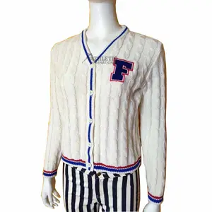 Diseño a rayas Vintage White Cable Knit Letter Cardigan Suéteres para hombres y mujeres Algodón Lana Transpirable Suéter de invierno 2024