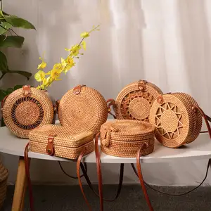 2024 Best Selling !!! Summer Beach Round Wicker Rattan Woven Straw Bag Natural Shoulder Handbag Ladies Woman Cheap Wholesale