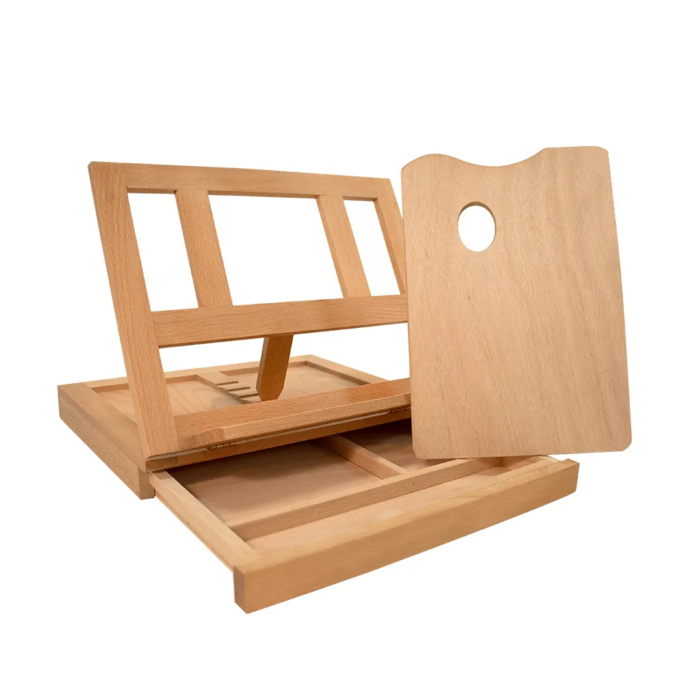 Kotak sandaran meja seni dapat diatur multifungsi sandaran kayu Beech dengan laci dan palet untuk lukisan seni artis pemula