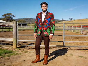 Ensemble de costume brodé vert pour homme, style western, avec motif d'oiseaux et de fleurs, blazer et pantalon de style cowboy - Product Image 3