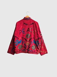 Red Full Sleeve Plus Size Floral Embroidered Velvet Jacket Mandarin Collar Women'<b>s</b> Autumn Wear - Product Image 2