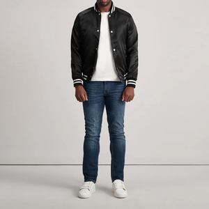 Premium Xander Black Winter Varsity Jacket Satin Outer <b>Quilted</b> Polyester Lining Stand Collar Button Closure Rib Knit Details - Product Image 4