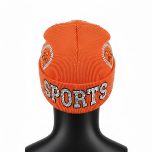 Gorro de punto acrílico elástico suave de primera calidad para hombre, color naranja, con logotipo personalizado de diamantes de imitación, gorro de invierno cálido de jacquard - Product Image 3