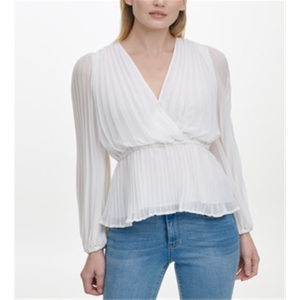 Top de Manga Larga con Cuello Cruzado y Efecto Cruzado para Mujer DKNY, Color Blanco, Talla XS, Hecho de Tela de Chifón - Product Image 3