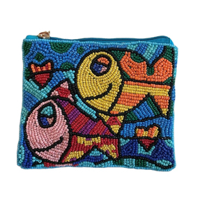 Beautiful Fish Design Embroidery <b>Mini</b> Zipper <b>pouch</b> With Fancy Seed Beads And Top Stylish High Quality Handwork Finish From India - Product Image 1