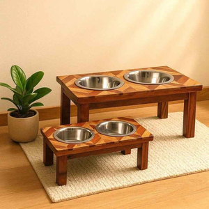 Eco-Friendly Handmade Pet <b>Feeding</b> <b>Station</b> Wooden <b>Dog</b> Feeder Stand with Stainless Steel Bowls for Wholesaling in India - Product Image 1