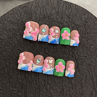 Kuku Palsu Pendek Persegi Buatan Tangan Grosir Desain Campuran Bunga 3D French OEM Supplier