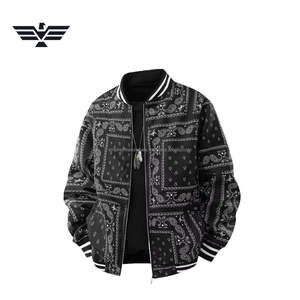 Blouson Bomber Premium Homme Décontracté Hiver Noir Imprimé Paisley Col Montant Coupe-Vent Doublure Polaire Zippé Streetwear - Product Image 1