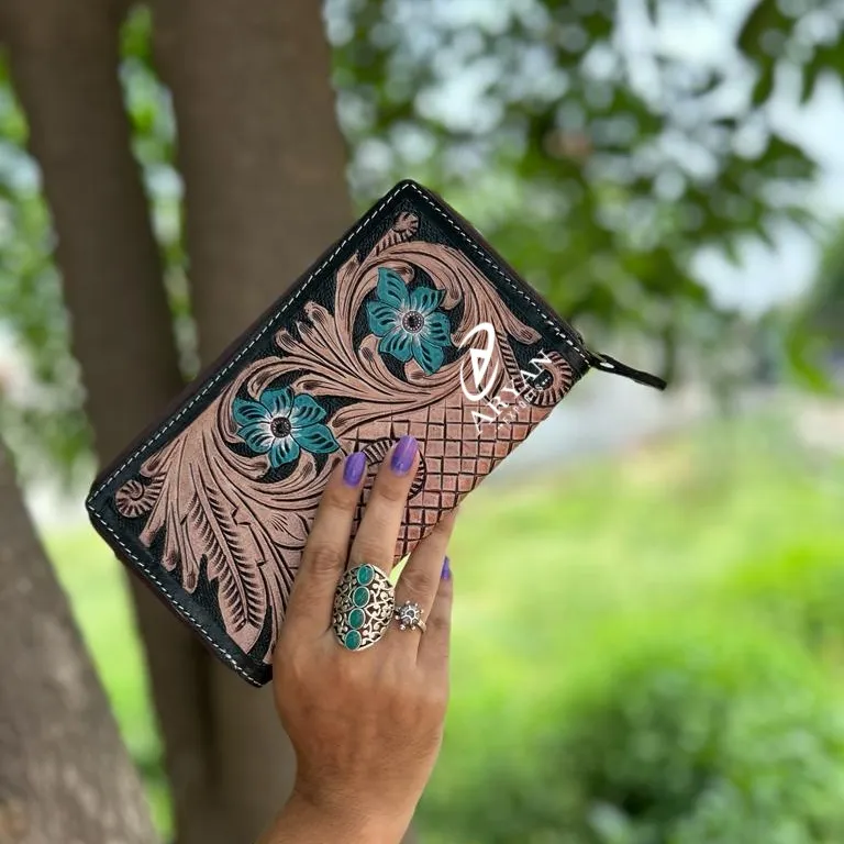 Hand Tooled Leather Turquoise Flower Wallet Stylish Genuine Leather Zip Continental Purse Western Clutch Card Case Gifts for Her