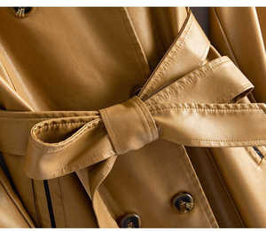 เสื้อโค้ทหนัง PU ยาวปานกลางพร้อมเข็มขัดสำหรับผู้หญิงเสื้อแจ็คเก็ตมีสไตล์ - Product Image 5