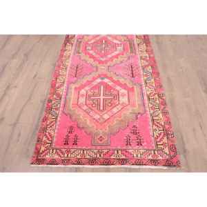 Alfombra Turca Vintage, Alfombra de Pasillo de 3.4x9.4 pies, Alfombra de Lana con Diseño de Camuflaje Rojo y Azul - Product Image 2