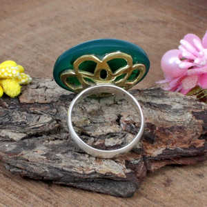 Onyx vert pierre précieuse bague Boho taille lisse ovale diamant plaqué rhodium fin platine réglage cadeau bijoux en argent Sterling - Product Image 2