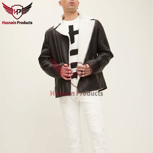 <b>Mens</b> Real <b>Shearling</b> Leather <b>Jacket</b> Black White Fur Collar Asymmetric Zip Pocket Sheepskin Aviator Coat Custom Winter Outer - Product Image 3