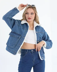 Veste matelassée en denim vintage pour femme, en peau de mouton, manches longues, élégante, décontractée, bleue, boutons personnalisés, manches amovibles - Product Image 5