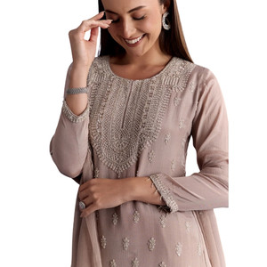 Light <b>Beige</b> Chinon Kurta Set with Cutdana and Sequins Dupatta for <b>Wedding</b> Party Festive Reception and Custom Ethnic Occasions - Product Image 2