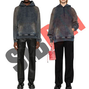 Quantité minimale de commande bas fabriqué en usine sur mesure unisexe Track denim pull à capuche mélange de coton finition en détresse cordon capuche goutte épaule - Product Image 1