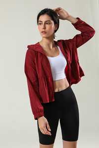 Haute demande Bourgogne femmes Protection UV pleine fermeture éclair froncé à capuche Anti-rides et respirant sweats à capuche pour femme Gym Zip Up Hoodie - Product Image 4