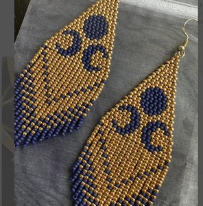 Long <b>Earrings</b> Gold Cobalt Matte <b>Blue</b> Moon Night Dangle Drop Handmade Handwoven - Product Image 2