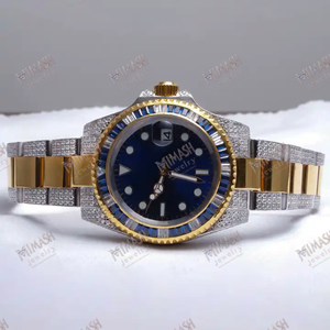 Cadran Bleu Marine Lunette Doré et Argenté Bande Bling Automatique Mécanique Glacé Unisexe Parfait Styles Montre pour Hommes - Product Image 4