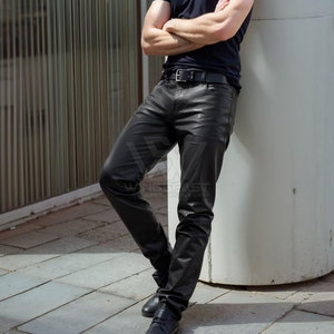 Vêtements décontractés de haute qualité en cuir délavé pantalons pour hommes couleur unie pantalons en cuir Streetwear les plus vendus - Product Image 5