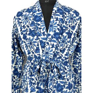 Men's Pure Cotton Robe <b>Kimono</b> Elegant Summer <b>Beach</b> Coverup for Smoking Lounge Wear Funky White Blue Handblock Swimsuit Cover Ups - Product Image 2