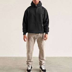 Bouton de haute qualité Sweat à capuche en éponge vierge 100% coton bleu Sweat à capuche surdimensionné Streetwear Puff Prin Sweats à capuche courts personnalisés - Product Image 3