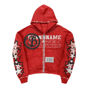 Custom Streetwear Oversized Boxy Heavyweight Cotton Cropped Print Rhinestone Acid Wash Zip up Hoodie - Product Image 3