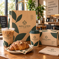Ensemble d'emballages personnalisés pour café AT PACK avec des sacs en papier kraft, des gobelets en papier, des gobelets en PET, des boîtes alimentaires en carton ondulé et des serviettes