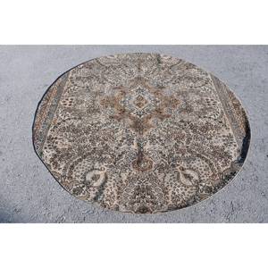 Alfombra de área de lana turca vintage clásica beige y marrón 6,6X6,6 pies rectángulo gran diseño de retazos para pasillo habitación con respaldo de látex - Product Image 1