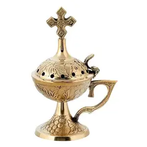 圣十字顶基督教黄铜香炉雕刻/压花设计现代古董黄铜教堂香炉
