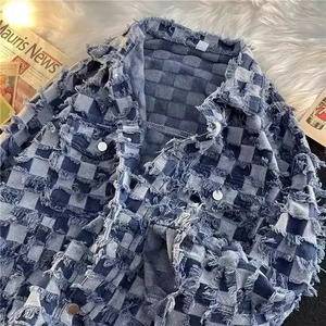 Veste en jean à carreaux pour hommes et femmes Style américain Loose-fit Vintage Design Sensibility Automne Casual Wear Trendy - Product Image 4