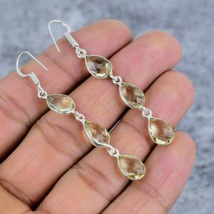 Boucles d'oreilles en quartz citron trois pierres précieuses Boucles d'oreilles en argent sterling 925 Boucles d'oreilles pendantes en forme de poire faites à la main - Product Image 4