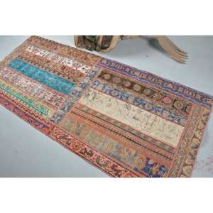 Vintage Turkish <b>Rug</b> 3.2 X 7.7ft Handmade <b>Blue</b> Beige Wool with Plush Pile Height Rectangular Shape Abstract Pattern for <b>Bedroom</b> - Product Image 4