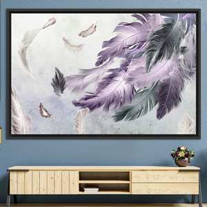 Modern Purple & Gray <b>Feather</b> Print Canvas Wall Art Decor,1P:<b>Black</b> Framed - Product Image 1