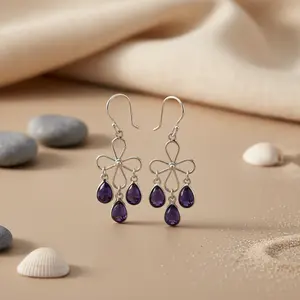 Boucles d'oreilles pendantes en argent pour femmes, fleur d'améthyste, plaqué or, matériau or rose, avec perle et diamant, pour mariages et fêtes - Product Image 3