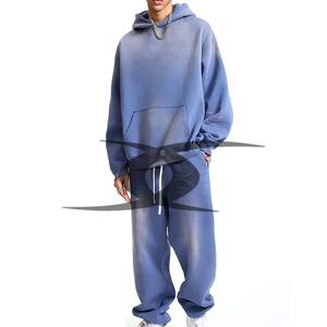 Survêtement personnalisé poids lourd délavé à l'acide pour hommes Hiver Vintage Plain Blank Hoodie Sweatpants Set par le fabricant - Product Image 1