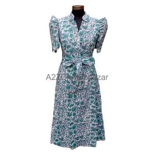 Robe maxi vintage à manches courtes, à imprimé floral, en coton 100% écologique, respirante, à séchage rapide, à col en V, faite à la main, colorée - Product Image 2