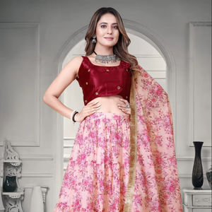 Conjunto de Lehenga Choli con Estampado Floral de Secado Rápido para Mujer, con Dupatta, Blusa Marrón, Ropa Festiva para Invierno y Verano - Product Image 1