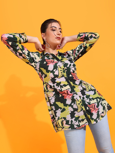 Vestido túnica de poliéster con estampado floral verde para mujer, con mangas largas y cuello camisero, diseñado para un uso cómodo y recto. - Product Image 6