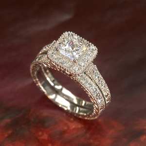 925 1CT เงินสเตอร์ลิงชุดแหวนเจ้าสาวโมอิสซาไนต์ตัดแบบเจ้าหญิงเครื่องประดับชั้นดีของแท้สำหรับงานปาร์ตี้2ชิ้นจำลอง - Product Image 2