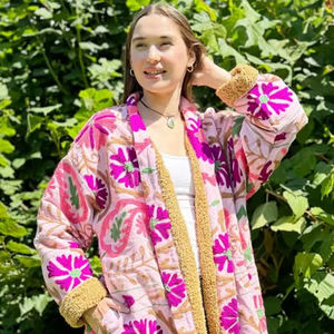 2025 Pink <b>Velvet</b> Suzani Bright Embroidered Duster <b>Jacket</b>| Uzbek Festival <b>Jacket</b> | Vintage Kimono Style Outerwear Best Quality - Product Image 1