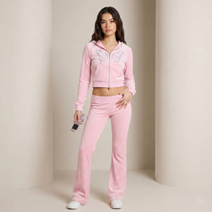 Wholesale Custom <b>Women</b> Y2K Velvet Tracksuit Set Butterfly Cropped Zip Hoodie Flared Pants Two Piece Above Knee Sweat <b>Suit</b> - Product Image 1