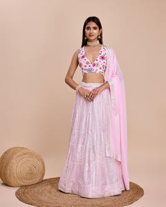 Haute sur demande mariée fausse Georgette Lehenga Choli avec magnifique fil et broderie travail manuel complexe de l'Inde - Product Image 5