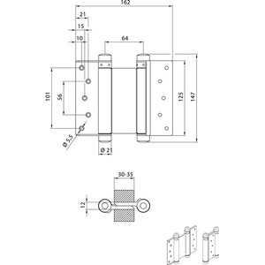 Bisagras pivotantes de acero inoxidable DENI para dispositivos de asistencia, tamaño 33, 125 mm de longitud, capacidad de 27 kg, para puertas de 30-35 mm de grosor, paquete de 2 - Product Image 3