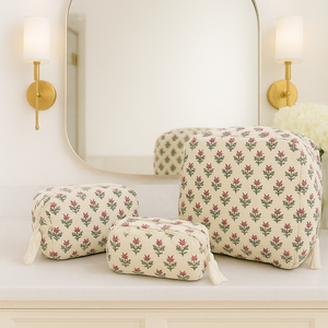 Impression artisanale indienne de qualité supérieure, écologique, résistante à l'eau, pour un ensemble de sacs, 3 organiseurs de cosmétiques et de voyage en coton matelassé - Product Image 1