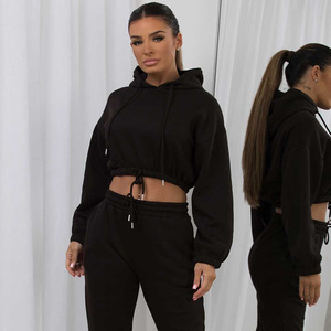 Ropa de invierno Venta entera Precio barato Alta calidad Color negro Recortado Cremallera Algodón Sudadera con capucha Sudaderas para mujeres - Product Image 1