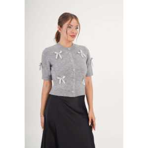 Cárdigan de Punto Gris de Manga Corta para Mujer al por Mayor con Lazo Elegante y Detalle de Cinta para Uso Diario - Product Image 4