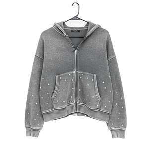 เสื้อฮู้ดดี้ผู้ชายทรงโอเวอร์ไซส์ ซิปหน้า ผ้าหนา คุณภาพสูง สไตล์วินเทจฟอกสีซีดแบบซันเฟด ตกแต่งด้วยคริสตัล - Product Image 2